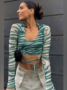 PrettyLittleThing Olive & Beige Zebra Print Wrap Tie Mesh Crop Top NWT